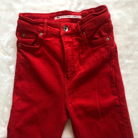 ZARA Trf Red Straight Leg Jeans High Rise Ripped Raw Hem Size 2 - Picture 5 of 11